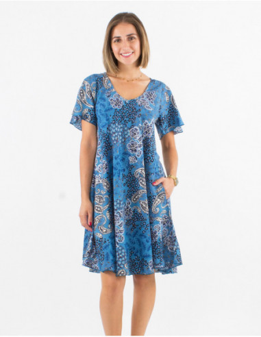 Little light summer dress with short sleeves, silver paisley print, blue