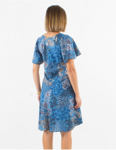 Lightweight flowing short dress with short sleeves boho chic silver floral blue