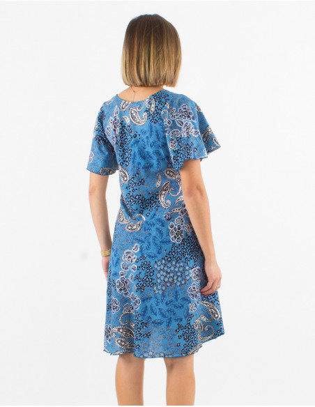 Robe courte fluide légère à manches courtes motifs boho chic argenté fleuri bleu marine