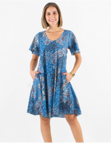 Robe courte évasée chic pour femme à imprimé frais cachemire doré bleu marine
