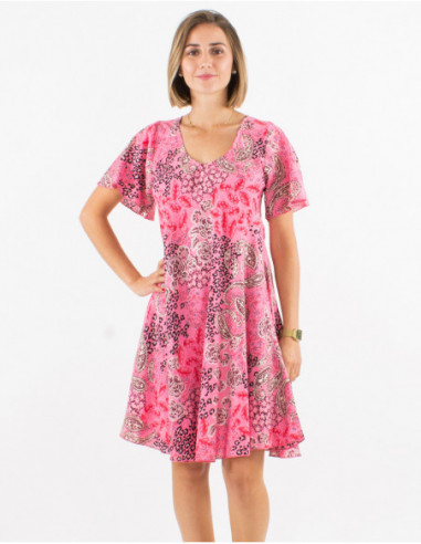 Little light summer dress with short sleeves, silver paisley print, pink
