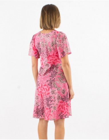 Lightweight flowing short dress with short sleeves boho chic silver floral pink