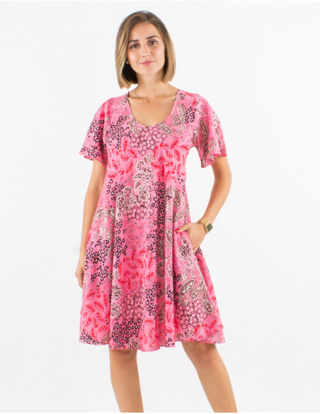 Women's chic short flared dress in fresh gold paisley print pink