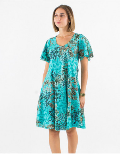 Little light summer dress with short sleeves, silver paisley print, turquoise blue