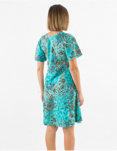 Robe courte fluide légère à manches courtes motifs boho chic argenté fleuri bleu turquoise
