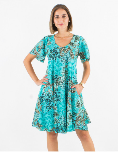 Women's chic short flared dress in fresh gold paisley print turquoise blue
