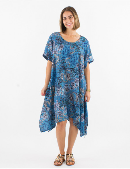 Mid-length asymmetrical flowing flared dress for summer with silver paisley print
