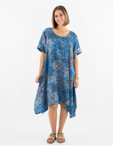 Robe courte ample de plage à imprimé cachemire argenté bleu marine