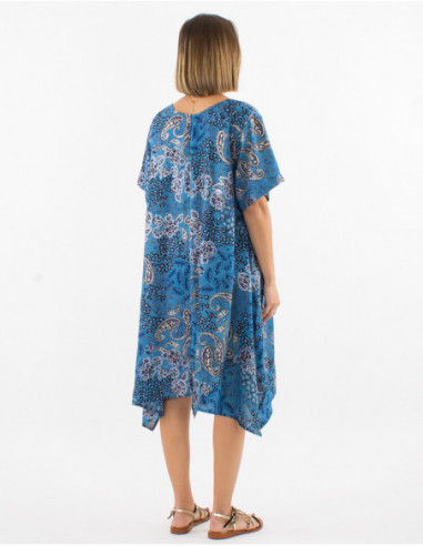 Mid-length wide flowing beach dress with silver blue bohemian chic patterns