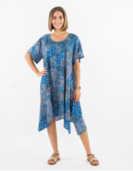 Mid-length asymmetrical flowing flared dress for summer with silver blue paisley print