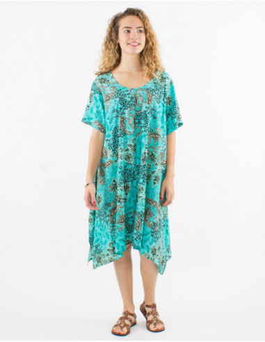 Short loose beach dress with silver turquoise paisley print