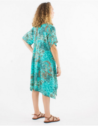 Mid-length wide flowing beach dress with silver turquoise bohemian chic patterns