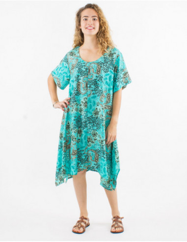 Mid-length asymmetrical flowing flared dress for summer with silver turquoise paisley print