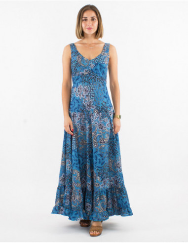 Robe longue à volants bohème chic motifs cachemire boho argenté bleu marine