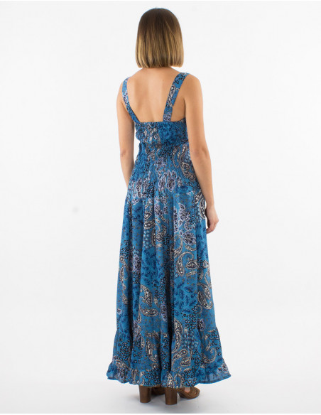 Original spanish summer long dress in blue gold paisley