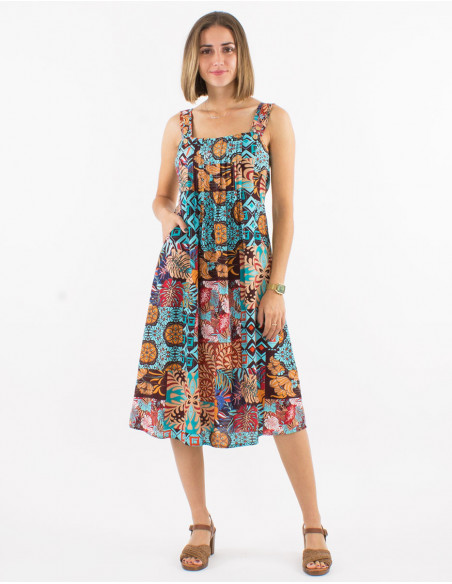 Colorful baba cool square neck midi dress for summer with ethnic patchwork print