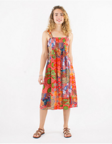 Robe mi longue estivale baba cool plis poitrine motif patchwork ethnique rose corail