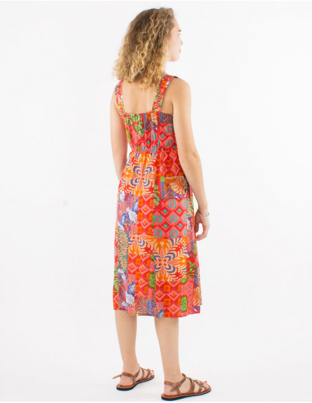 Robe midi col carré baba cool colorée pour l'été à imprimé patchwork ethnique orange corail