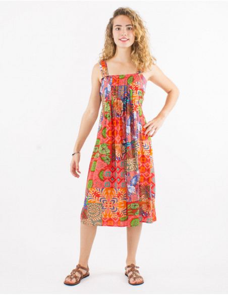 Original colorful mid-length dress for summer with square neck and red patchwork pleats