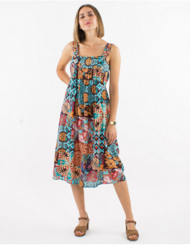 Mid-length summer dress baba cool pleated chest ethnic patchwork pattern brown
