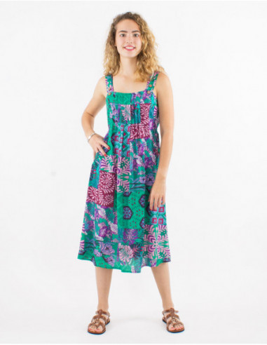 Robe mi longue estivale baba cool plis poitrine motif patchwork ethnique vert menthe