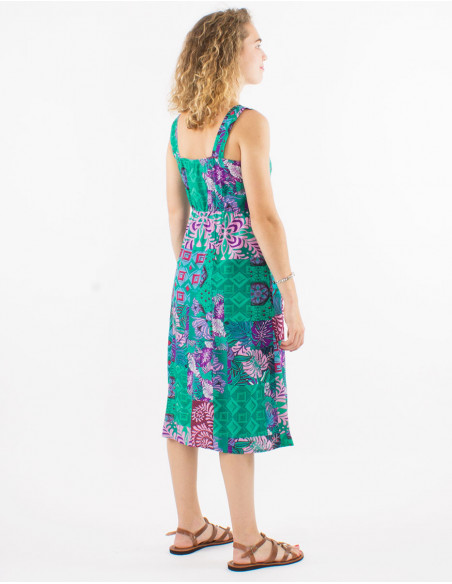 Colorful baba cool square neck midi dress for summer with mint blue ethnic patchwork print