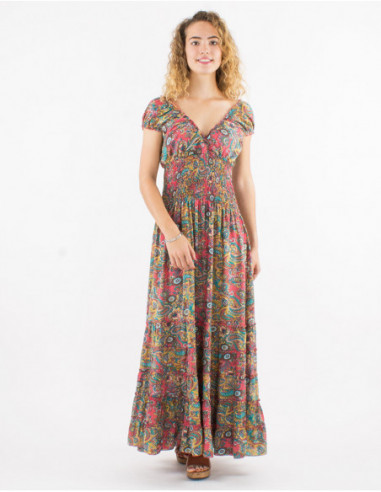 Bohemian princess long dress with pink floral print