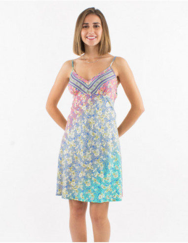 Short summer dress with thin straps printed pastel floral grey