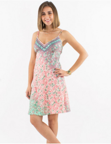 Short summer dress with thin straps printed pastel floral mint green