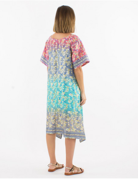 Lightweight asymmetrical short dress for summer in pastel grey bohemian floral print