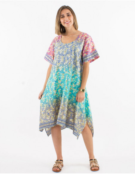 Romantic asymmetric short dress for summer with small pastel grey flowers