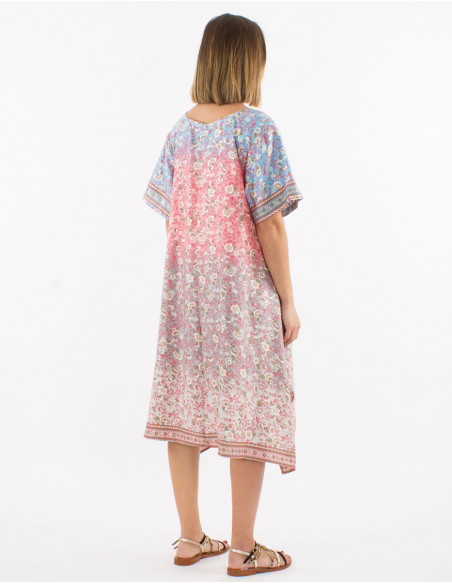 Robe courte asymétrique légère pour l'été à imprimé pastel fleuri bohème rose saumon