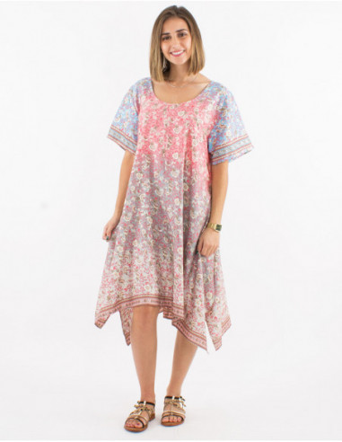 Romantic asymmetric short dress for summer with small pastel pink flowers
