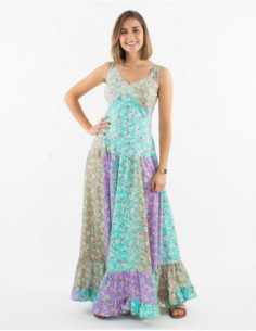 Romantic long dress for summer with pastel patchwork flowery print