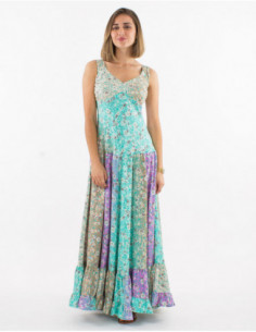 Romantic long dress for summer with pastel patchwork flowery print 2