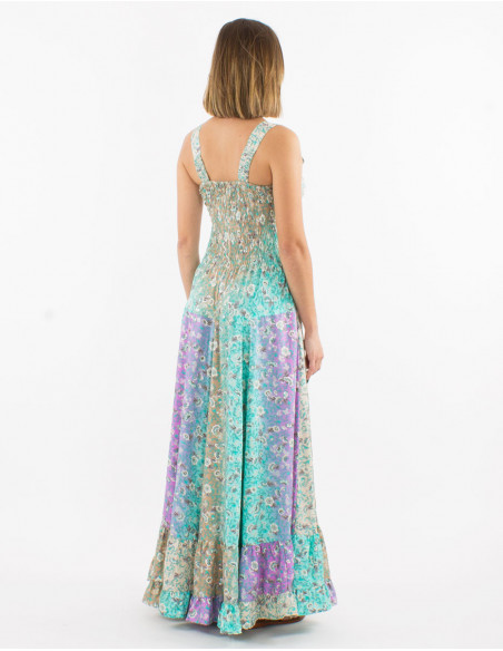 Romantic long dress for summer with pastel patchwork flowery beige print