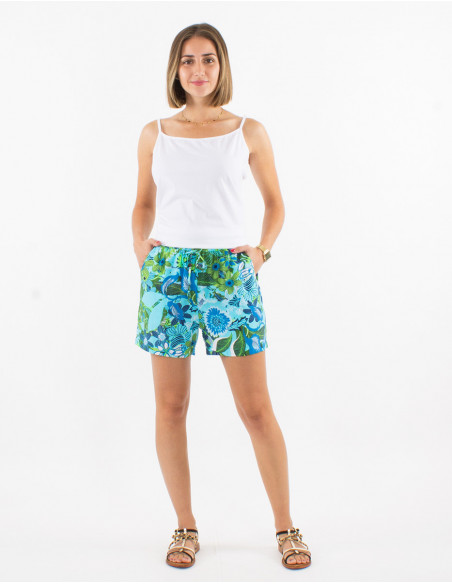 Summer look with original light summer short shorts for women with boho big flowers print