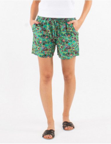 Small light summer shorts with romantic emerald blue floral paisley print