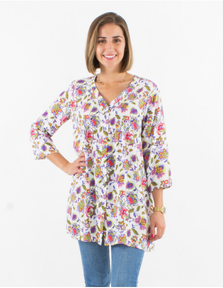 Spring long tunic with 3/4 sleeves bohemian chic floral