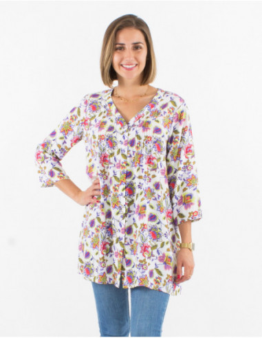 Spring long tunic with 3/4 sleeves bohemian chic white floral