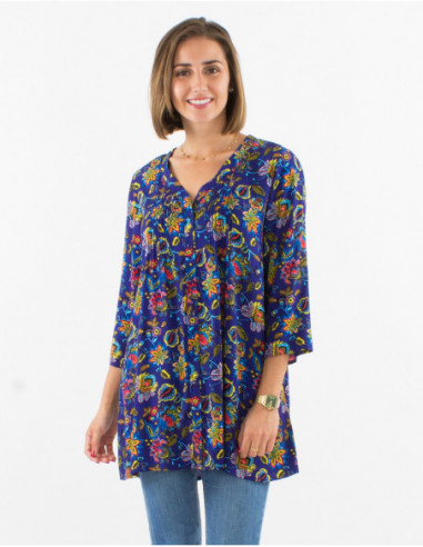 Spring long tunic with 3/4 sleeves bohemian chic navy blue floral