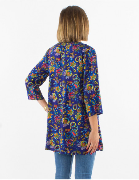 Tunique bleu marine fluide longue boho chic à motifs fleuri argenté