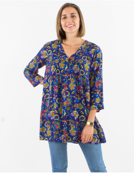 Tunique légère pour l'été à manches 3/4 et motif bleu marine bohème grosses fleurs