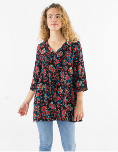 Spring long tunic with 3/4 sleeves bohemian chic black floral
