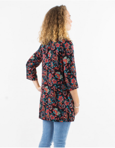 Tunique blanche noire longue boho chic à motifs fleuri argenté