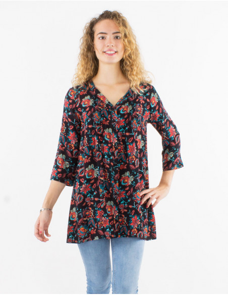 Tunique légère pour l'été à manches 3/4 et motif noir bohème grosses fleurs