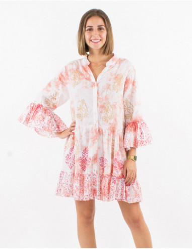 Pink pastel bohemian print summer short dress with ruffled sleeves