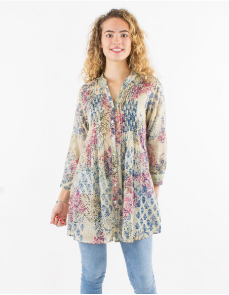 3/4 sleeves tunic romantic sheer for summer flowery beige