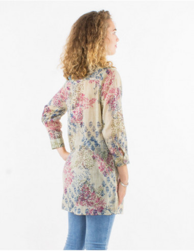 Lightweight long sleeve tunic with pleats in a romantic beige floral print