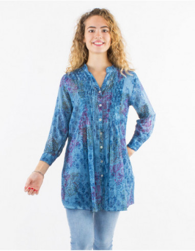 3/4 sleeves tunic romantic sheer for summer flowery navy blue
